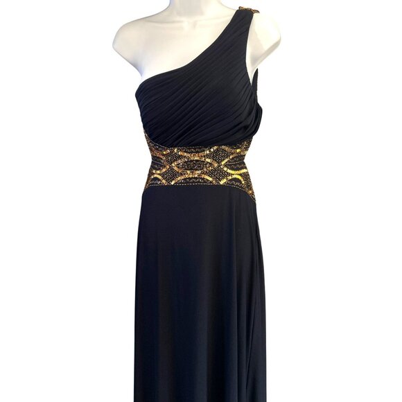 Aqua Dress Navy Gold One Shoulder Evening Gown Sz 4 Open Back Luxe Beaded Formal - Picture 2 of 9